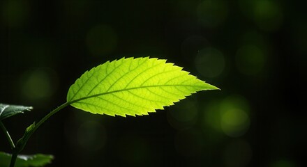 Bright Green Leaf Close-up with Veins Against a Dark Background