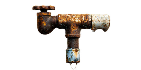 Rusty old water faucet with dripping water, cut out, isolated on white or transparent background