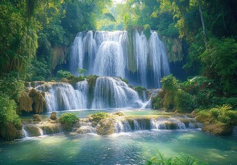 Obraz premium Serene Waterfall Cascading Over Lush Greenery in a Tranquil Forest Setting