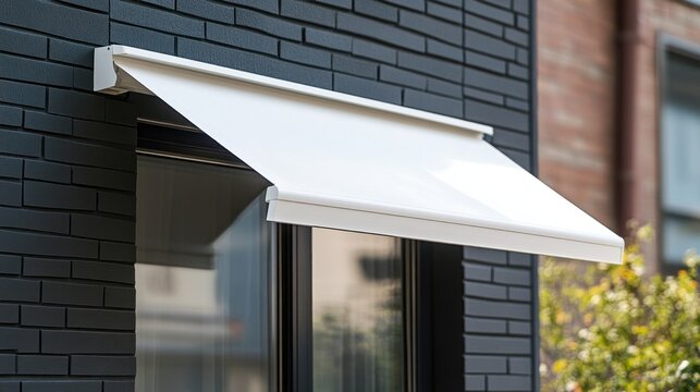White awning over window on dark brick building