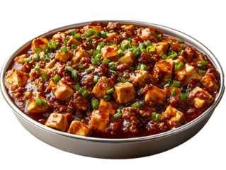 Traditional ma po tofu dish on transparent background.