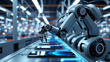 Obraz premium Advanced robotic arms assembling smartphones in a high-tech manufacturing facility