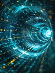 A high-tech vortex reveals streams of digital code spiraling inward, creating a mesmerizing infinite tunnel effect