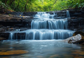 Serene Waterfall Cascading Over Rocks in Lush Green Forest Surrounded by Vibrant Nature and Tranquil Sounds of Flowing Water in a Peaceful Setting