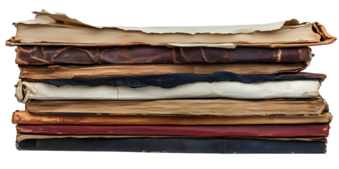 Stack of hardcovered old books, cut out, placed on white or transparent background