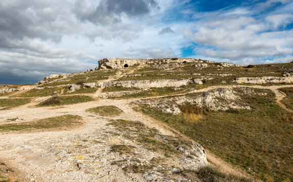Parco della Murgia Materana facing the city of Matera during an autumnal day, Matera, Basilicata, Italy