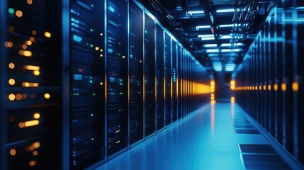 Fototapeta premium High tech data center with glowing blue and orange server lights, symbolizing cybersecurity, cloud computing, and IT infrastructure. Ideal for technology and digital security concepts