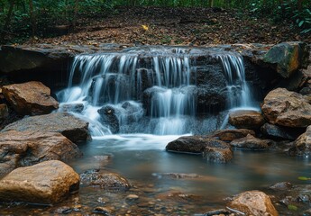 Serene Waterfall Cascading Over Rocks Surrounded by Lush Greenery in a Tranquil Forest Setting