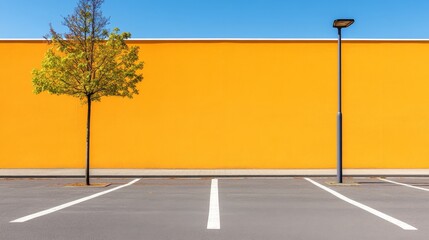 Vibrant orange wall in an empty parking lot with a lone tree and streetlight under clear blue sky
