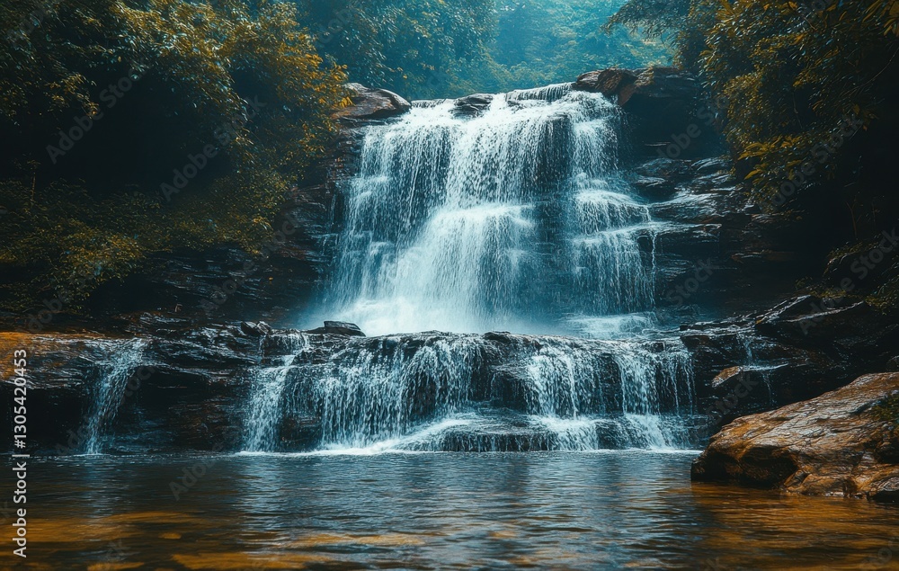 Poster serene waterfall cascading over rocks surrounded by lush greenery in a tranquil forest setting