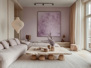 A stylish and modern living room with pale purple tones