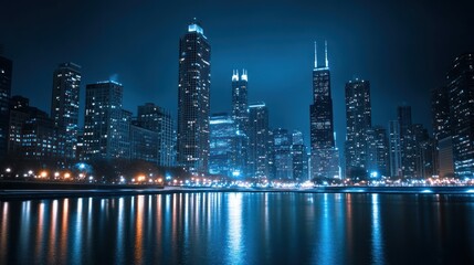 Fototapeta premium Chicago skyline at night, illuminated skyscrapers reflecting on water. Possible use stock photography for city, travel, architecture