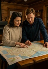 Fototapeta premium Couple Planning Trip, Cabin, Map