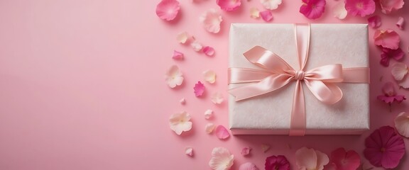 Elegant Gift Box with Pink Flowers on Pink Background