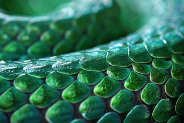 Emerald green snake scales gleam under soft light, highlighting their vivid hexagonal patterns and iridescence