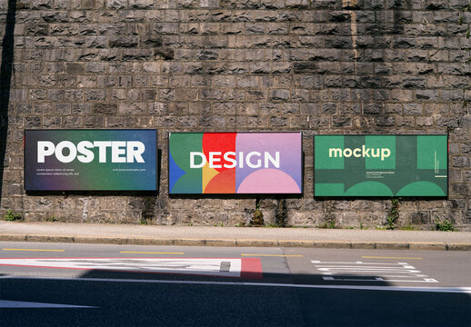 Mockup Of Three Horizontal Customizable Billboards On Wall