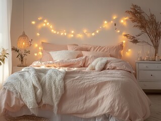 A cozy bedroom scene featuring a bed with romantic lighting