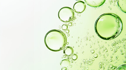 Green Oil Bubbles in Liquid, Organic Skincare and Hydration Concept. Close-up shots, raw graphic photos. Cosmetics advertising materials.