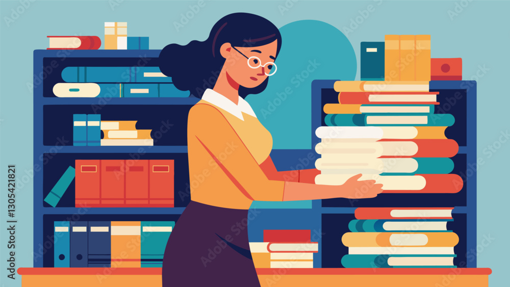 Poster the school librarian organizing a stack of archived newspapers for future reference.. vector illustr