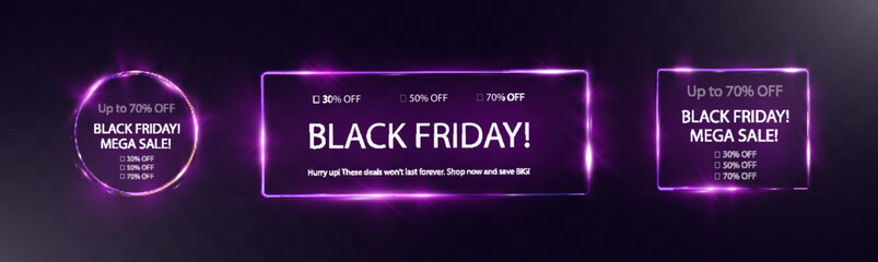 Obraz premium Glowing Black Friday sale banner with bright light frame, discount percentages, and call-to-action text on dark purple background. 
