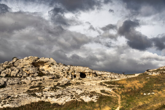 Parco della Murgia Materana facing the city of Matera during an autumnal day, Matera, Basilicata, Italy
