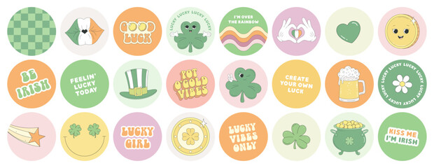 St. Patrick's Day bright round stickers. Clover, leprechaun hat, coin, beer, pot of gold, heart gesture, Irish kiss. Sticker pack of characters, elements, funny phrases, good luck wishes.