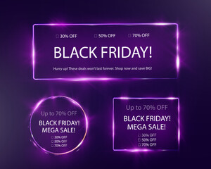 Glowing Black Friday sale banner with bright light frame, discount percentages, and call-to-action text on dark purple background.
