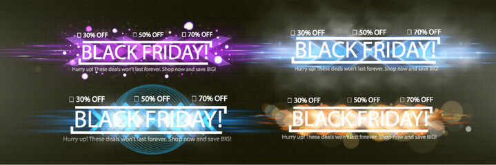Naklejka premium Black Friday sale banner with bold typography, discount percentages, glowing effects, and a modern promotional design. Perfect for advertising, e-commerce, and marketing campaigns.
