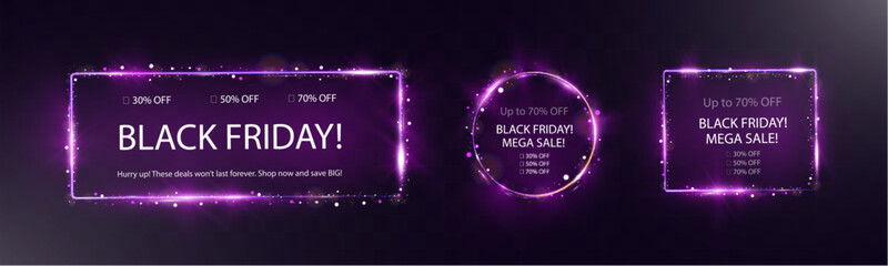 Glowing Black Friday sale banner with bright light frame, discount percentages, and call-to-action text on dark purple background.
