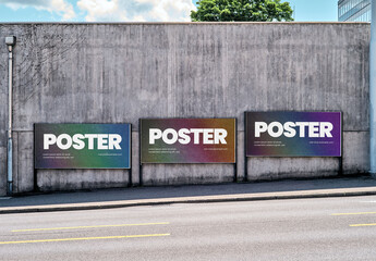 Mockup Of Three Horizontal Customizable Posters On Wall