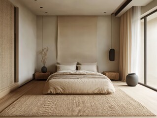 A modern bedroom with beige color scheme and natural elements