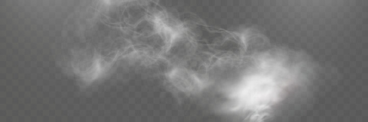 Realistic white smoke on transparent background with soft swirling effect, misty fog, and airy vapor for design projects.

