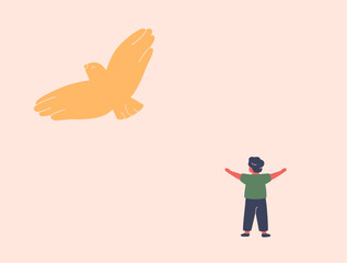 small boy spread his arms like a bird. silhouette of a bird flying over a child as a symbol of hope freedom, carefree. vector illustration metaphor