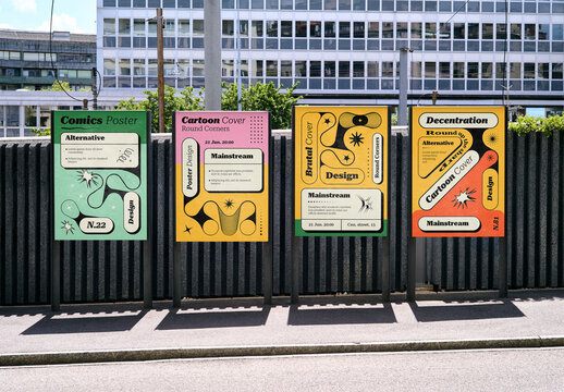 Mockup Of Four Vertical Customizable Posters On Wall