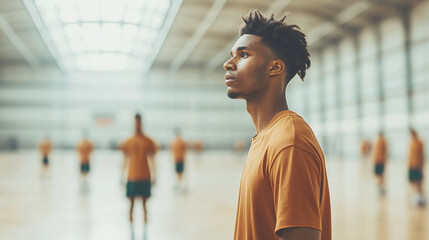 A young basketball player in an indoor court, standing focused before the game, with teammates blurred in the background.