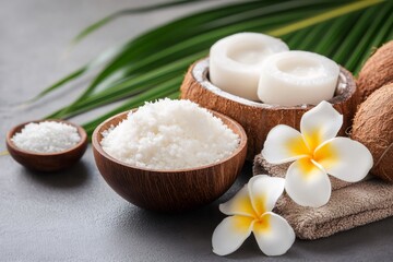 Natural coconut products creating relaxing spa ambiance with tropical flowers