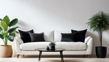 a white couch with black pillows sits in a living room a potted plant sits on a table in front of the couch