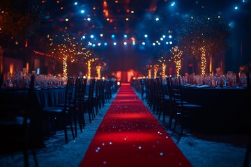 Red carpet leading to elegant dinner tables in festive venue