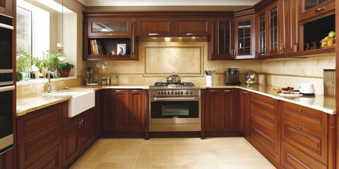 Fototapeta premium A luxurious kitchen featuring wooden cabinetry and modern appliances