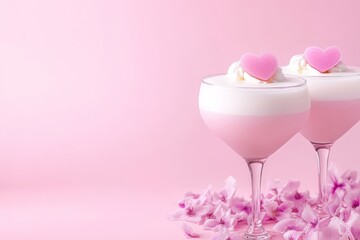 Romantic pink cocktail topped with whipped cream and heart-shaped decoration, creating a perfect drink for Valentine's Day, love celebrations, or wedding themes.