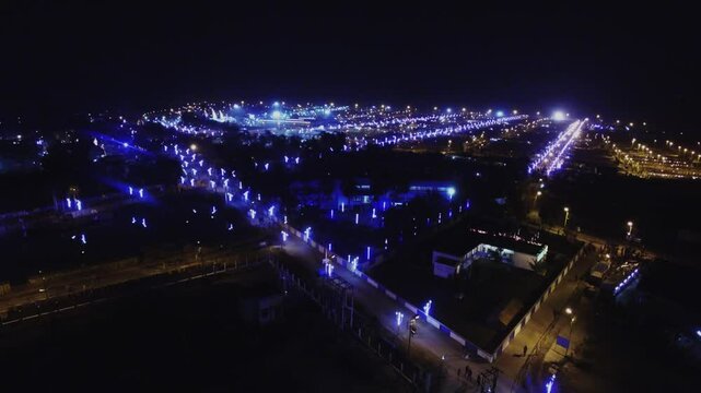 Aerial drone Night shot of  Kumbh mela in India. Religious Hindu event in India.