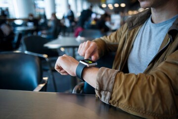 Individual checks smartwatch in modern cafe while engaging in daily activities during daytime