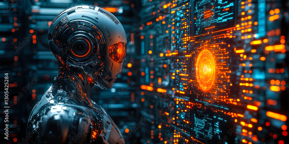 Poster cutting-edge ai robot analyzing data interfaces in futuristic business environment for strategic pla