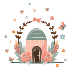 cute easter isolated house with flowers in soft gradient effect. easter vector art with cute lodge