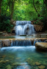 Serene Waterfall Surrounded by Lush Green Forest and Clear Blue Pool in the Heart of Nature's Tranquility