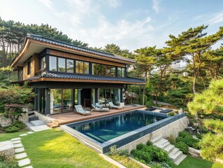 Modern house featuring a pool surrounded by trees and lush greenery