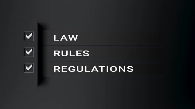 Checklist law rules and regulations Banner writing text corporate compliance. 3D animation