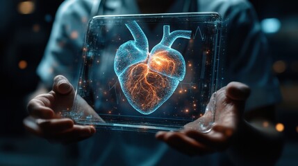 Heart Scan. Human organ with a pulse trace. Person holds holographic heart data. Future of medicine and science. Diagnostic and health concepts.