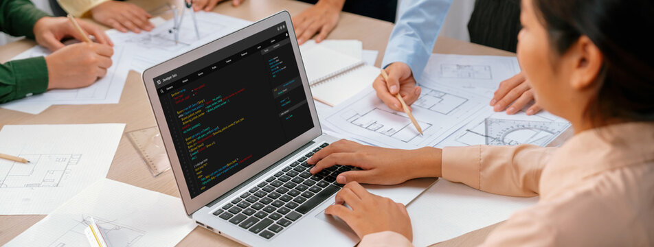 Software development programming on computer screen for brisk application and program coding