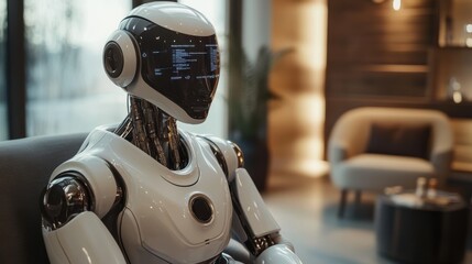 Fototapeta premium Robot sits on chair. White android in modern room. Futuristic machine looking forward. Artificial intelligence relaxing in a home. Technology and automation concept.